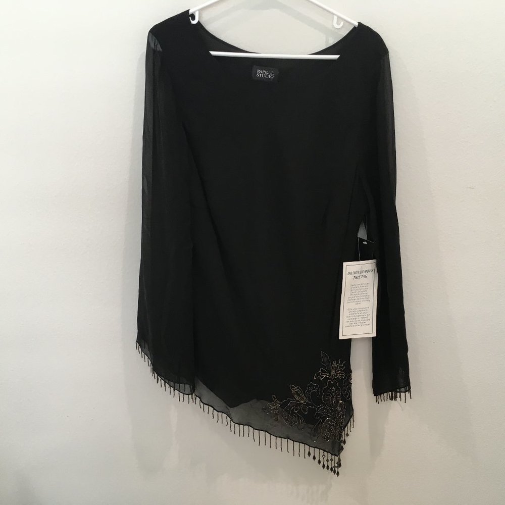 Papell Studio Evening Black A-Symmetrical Silk Blouse with Beading, Plus Size 1X